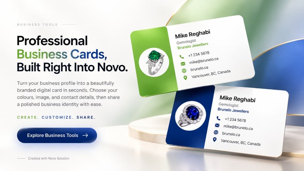 Professional business cards built into Novo. Sample cards for a jeweller in Vancouver, with phone, email, and website, and a link to explore business tools.