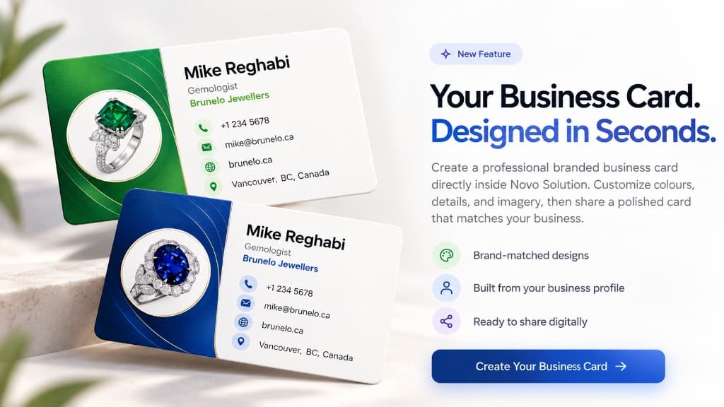 Your business card, designed in seconds. Branded cards for a jeweller, with a button to create your card in Novo Solution.